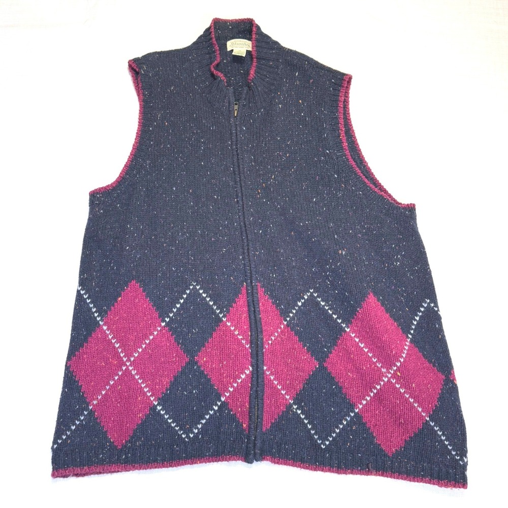 St Johns Bay Argyle Knit Zip Front Vest‎ Womens 3X Navy Burgundy Speckled Collar